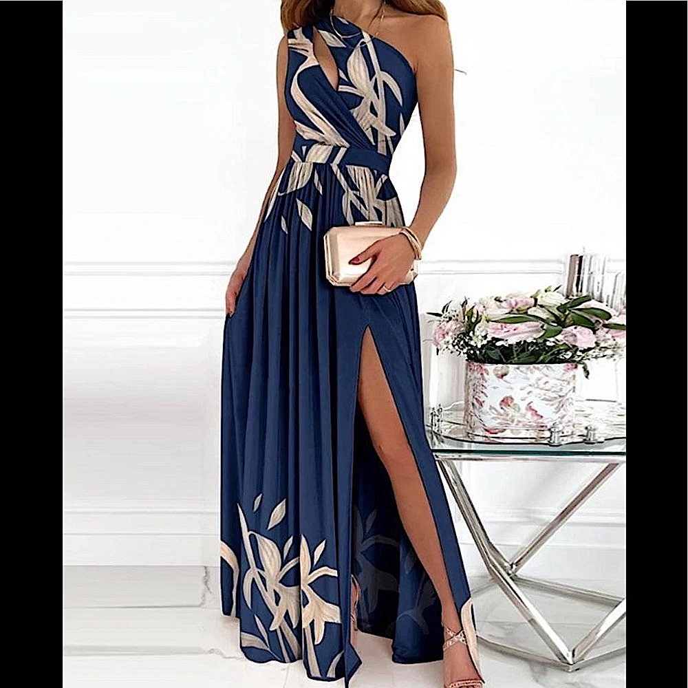 Navy Blue Floral Print Wrap Cut Out Split Thigh One Shoulder Maxi Dress